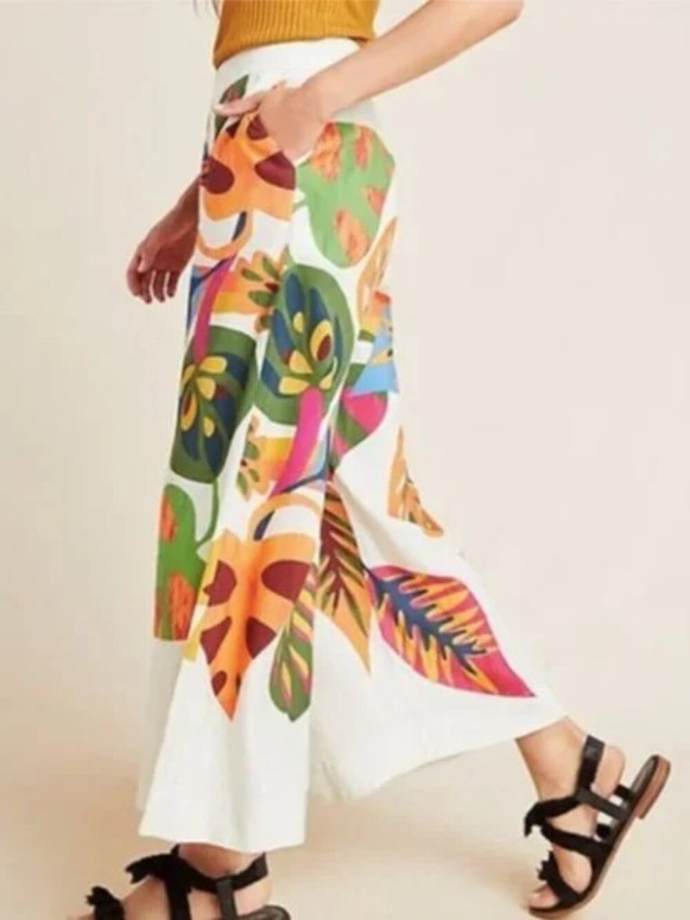 Farm by Anthropologie Floral Wide Leg Tropical Plant Pants Size L